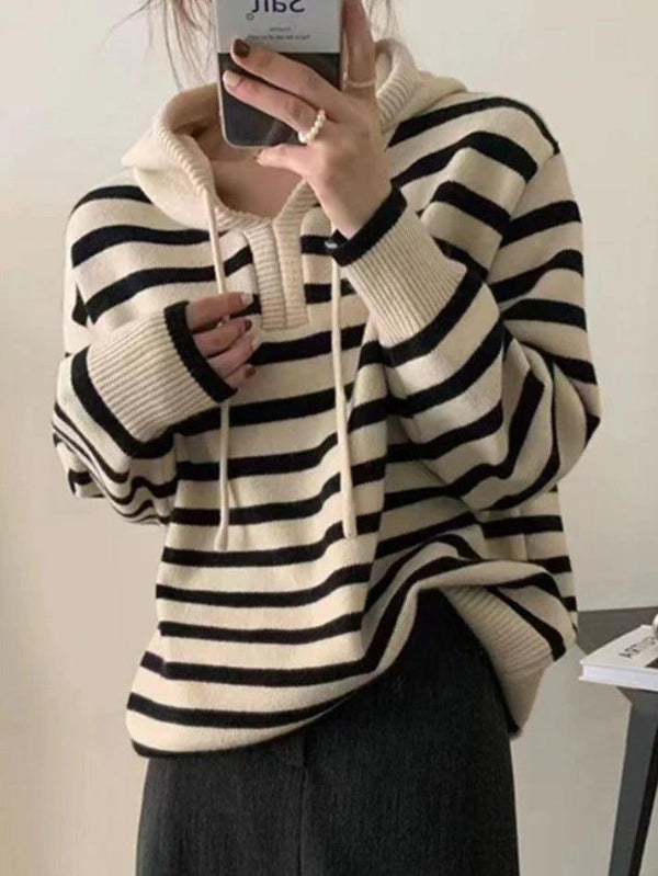 Vintage Contrast Color Striped Hooded Knit Sweater - AnotherChill