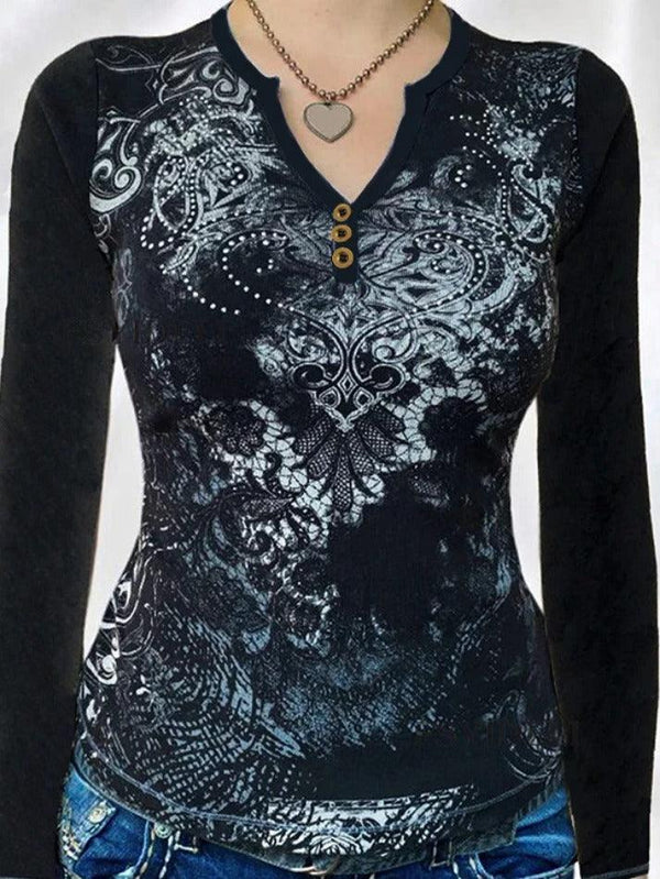 Gothic Print V Neck Long Sleeve Tee - AnotherChill