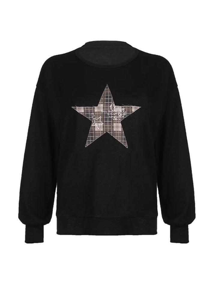 Vintage Plaid Star Patch Crew Neck Long Sleeve Knit - AnotherChill