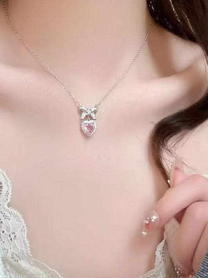 Sweet Glittering Bow Pink Heart Pendant Necklace - AnotherChill