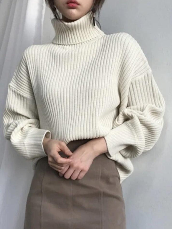 Solid Turtleneck Ribbed Knit Sweater - AnotherChill
