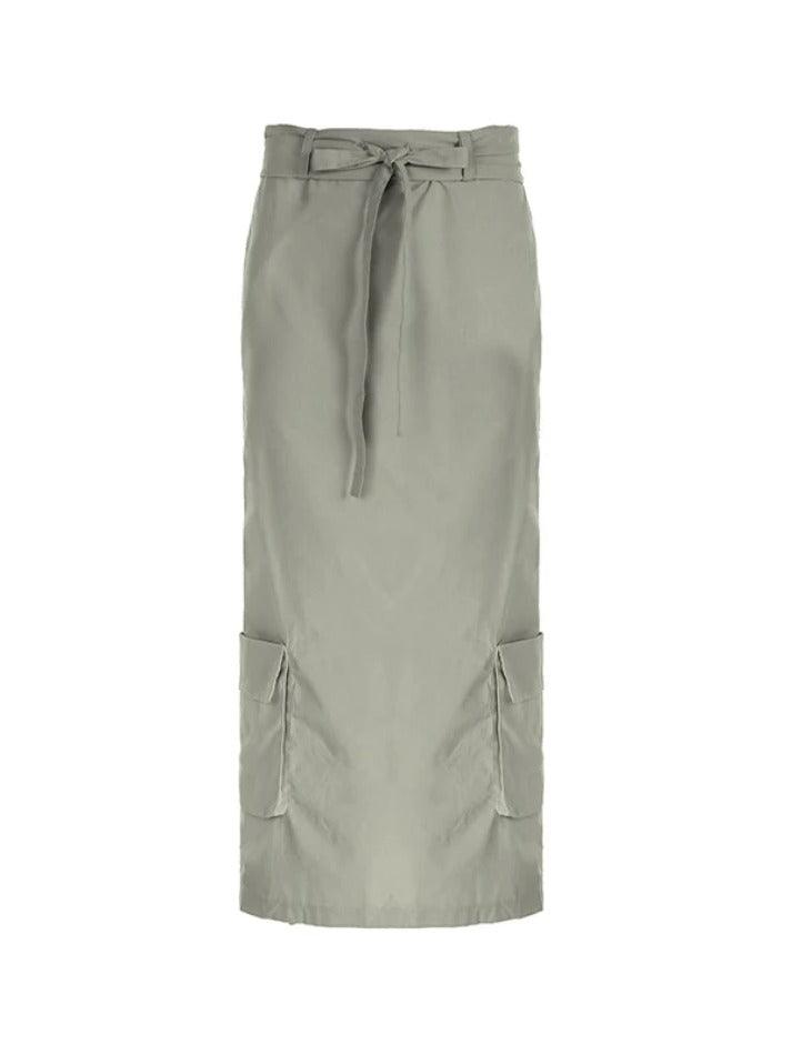 Low Waist Big Pocket Rolled Lacing Midi Skirt - AnotherChill