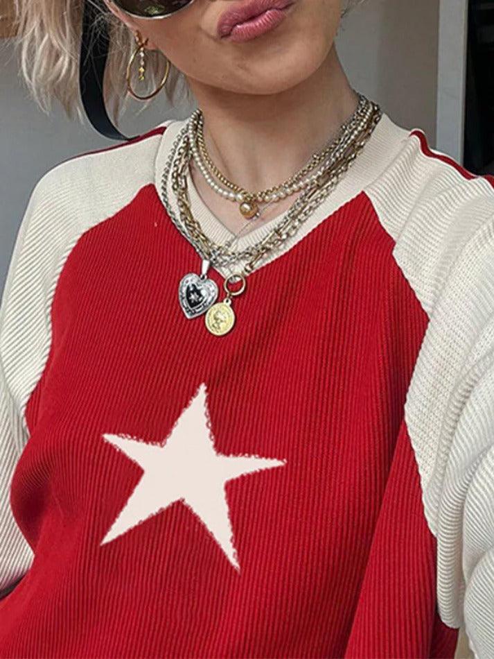 Vintage Contrast Color Star Raglan Sweater - AnotherChill