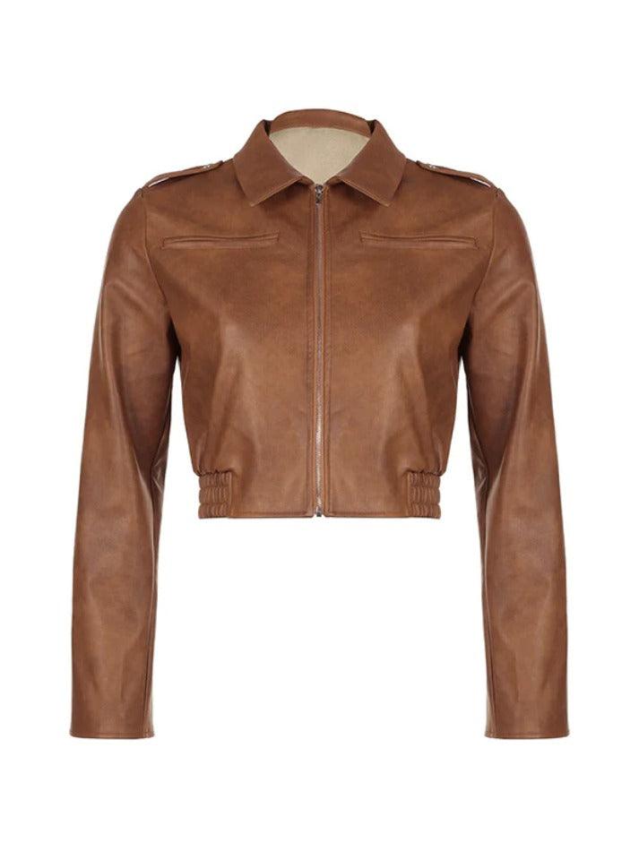 Zip Up Lapel Neck Leather Short Jacket - AnotherChill
