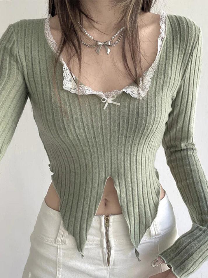 Lace Trim Notch Neck Irregular Cropped Long Sleeve Knit - AnotherChill