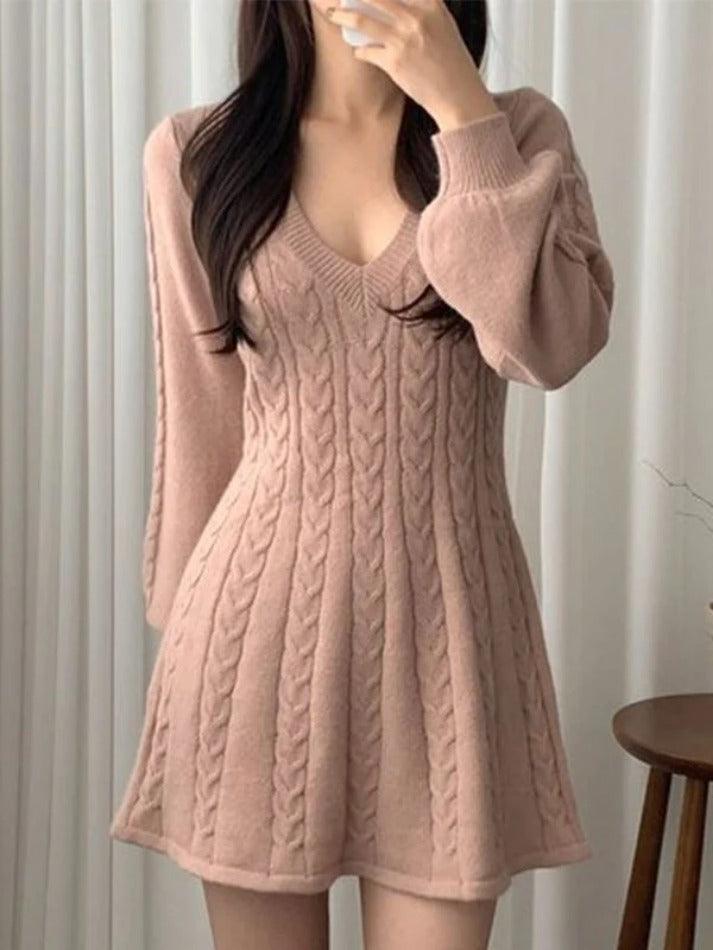 V Neck Long Sleeve Sweater Dress - AnotherChill