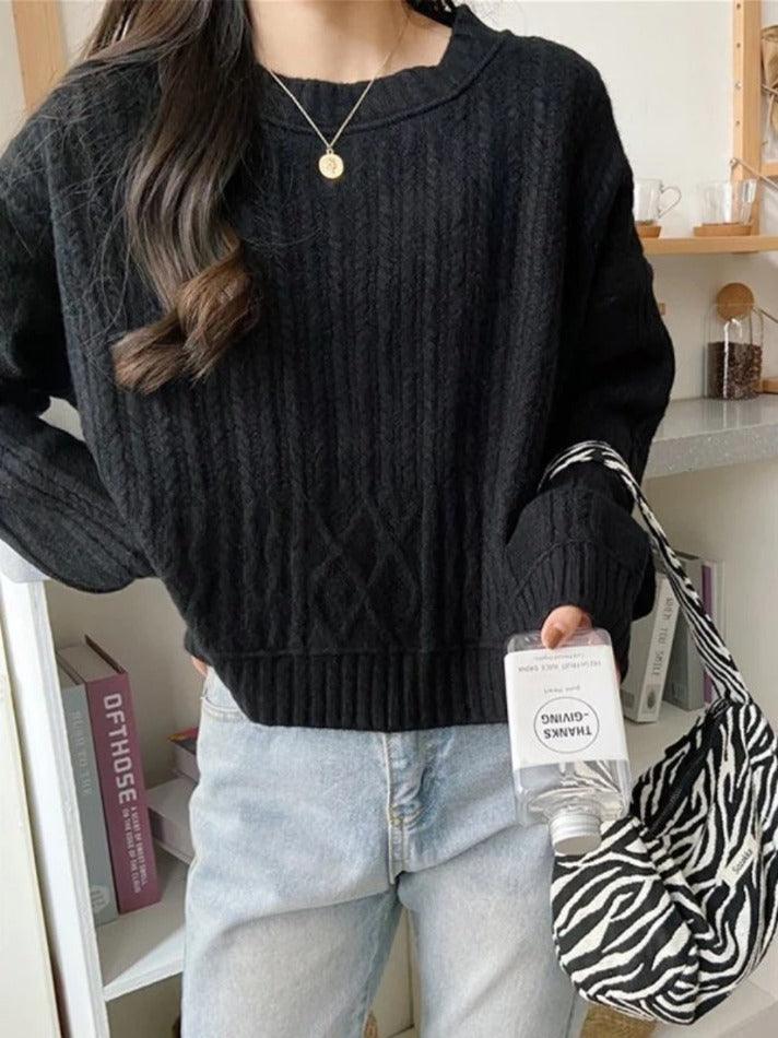 Crew Neck Cable Knit Sweater - AnotherChill