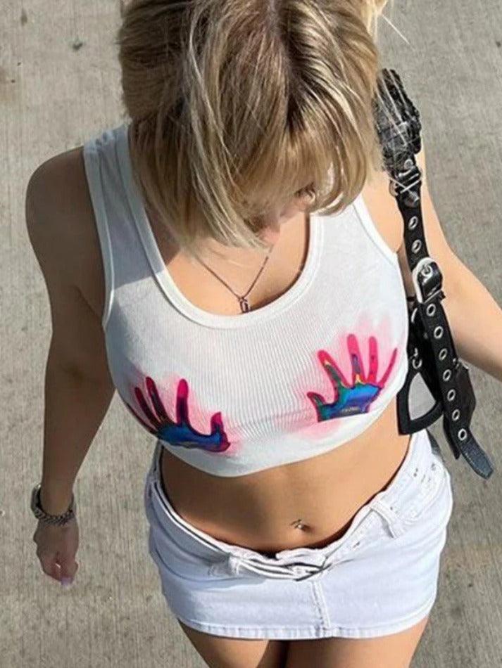 Hand Graphic White Cropped Tank Top - AnotherChill