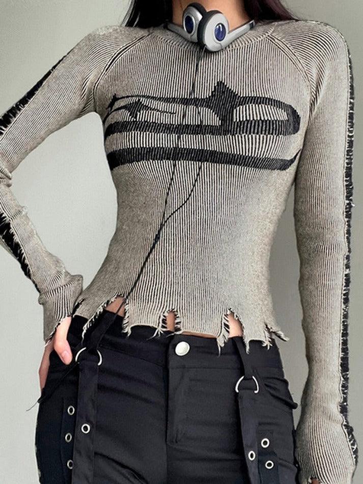 Street Tattered Splice Frayed Hem Sweater - AnotherChill