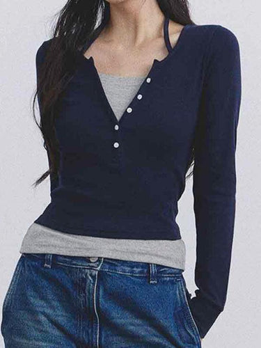 Fake Two Piece Halter Neck Washed Knit Top main image 0