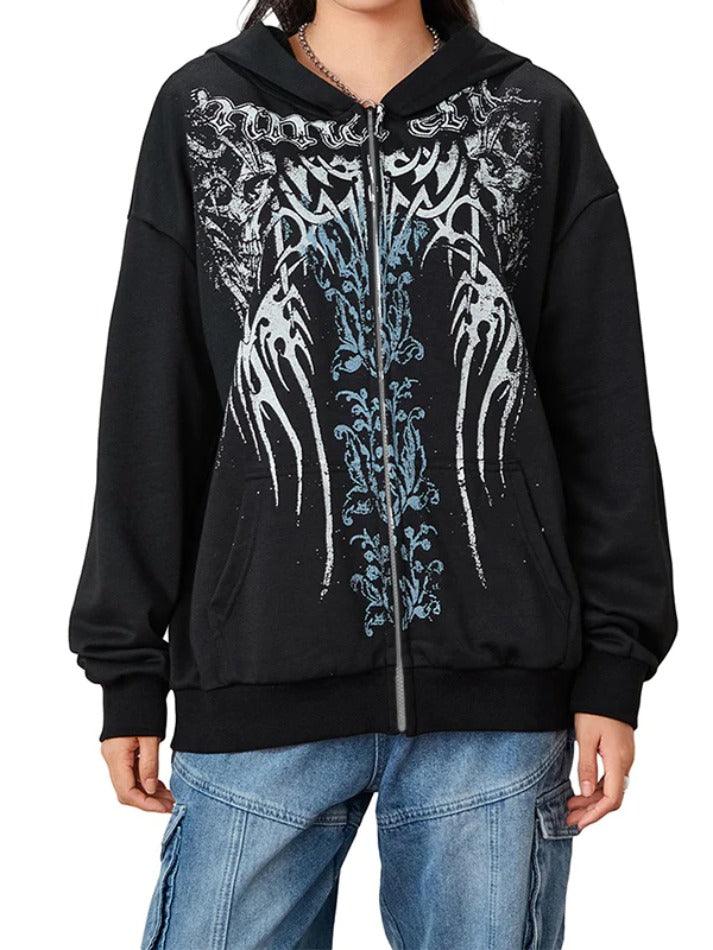 Gothic Print Zip Up Oversized Hoodie - AnotherChill