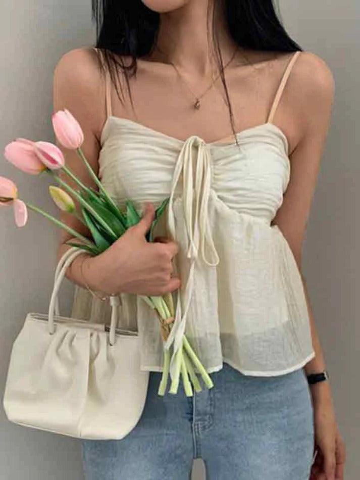 Solid Color Pleated Lace Up Cami Top - AnotherChill