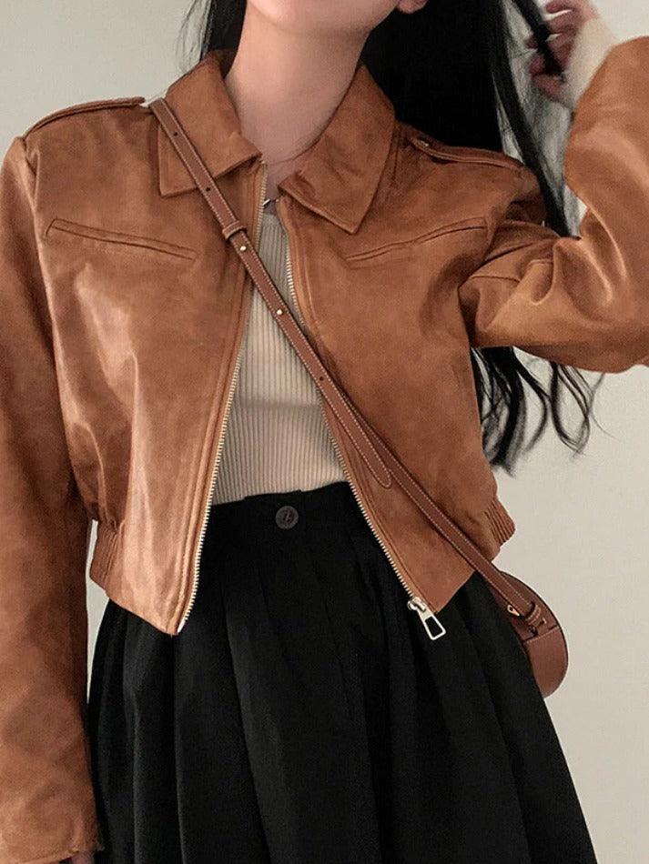 Zip Up Lapel Neck Leather Short Jacket - AnotherChill