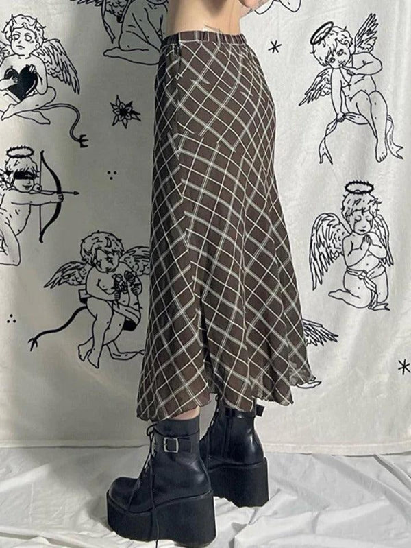 Vintage Plaid Splice Midi Skirt - AnotherChill