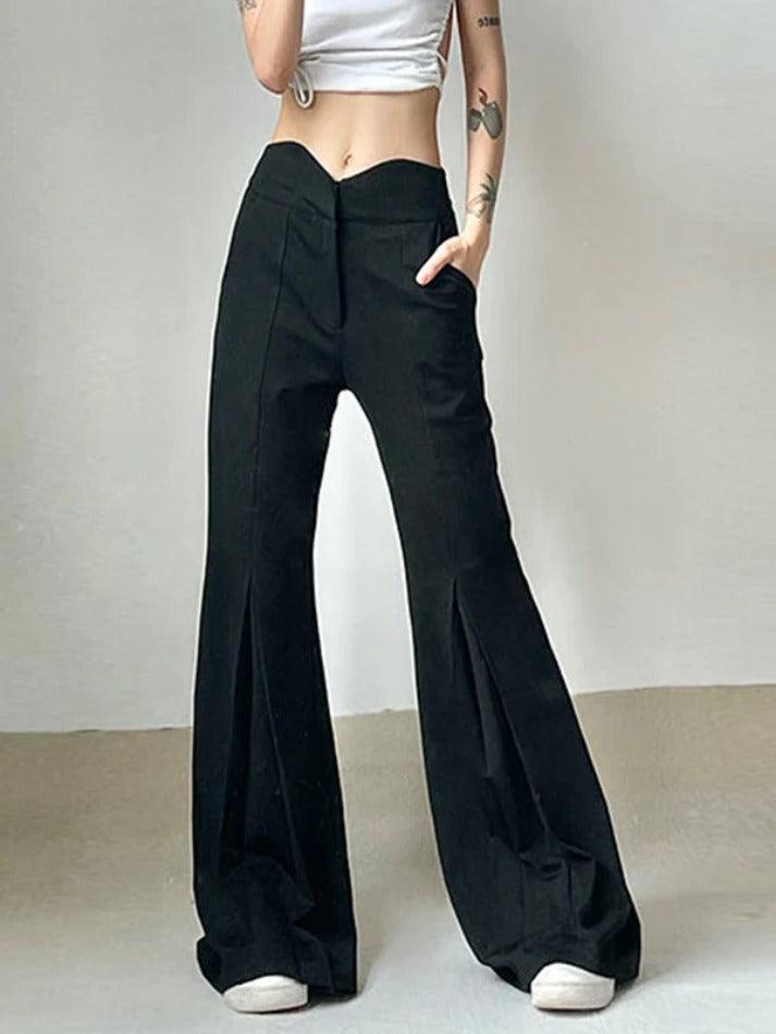 Notched Waist Pleated High Rise Flare Leg Pants - AnotherChill