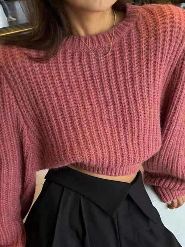 Solid Lantern Sleeve Short Knit Sweater - AnotherChill