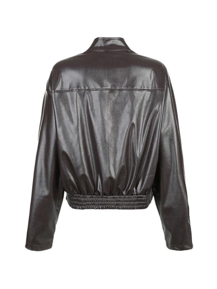 Solid Collar Neck Leather Motorcycle Jacket - AnotherChill