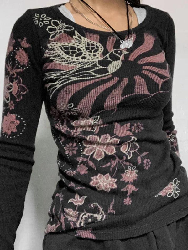 Floral Print Ribbed Slim Long Sleeve Knit - AnotherChill