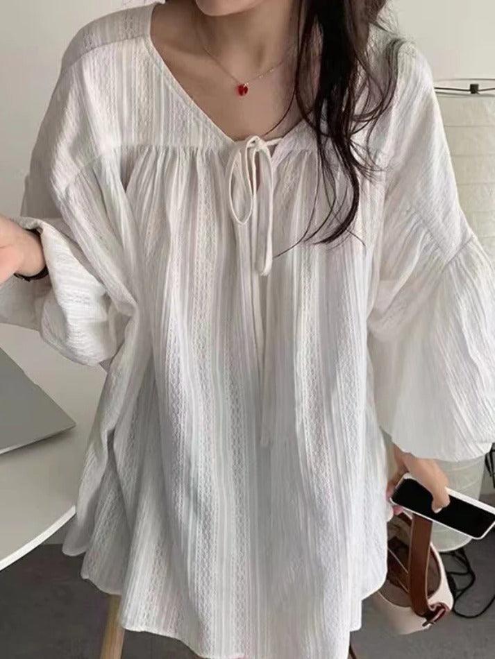 French Bubble Sleeve Lace Up Long Sleeve Blouse - AnotherChill