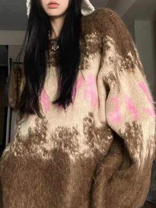 Fuzzy Contrast Color Print Oversized Sweater - AnotherChill