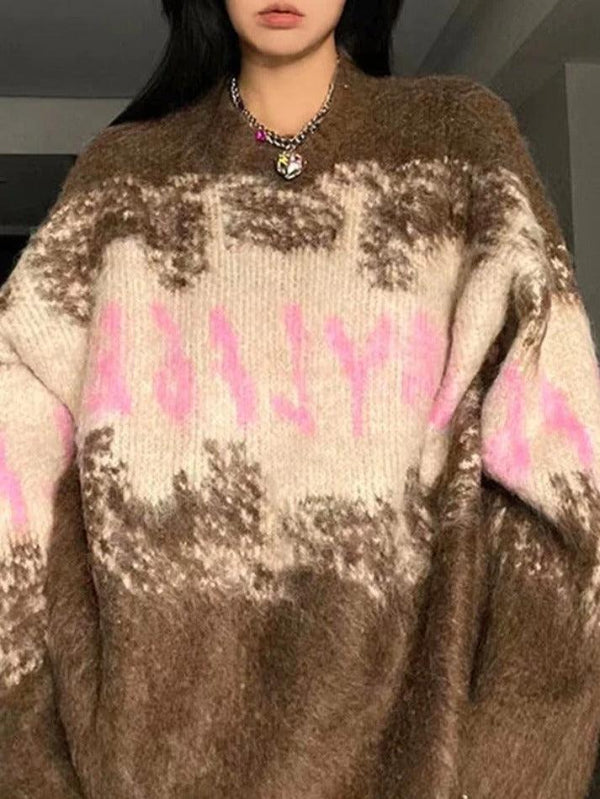 Fuzzy Contrast Color Print Oversized Sweater - AnotherChill