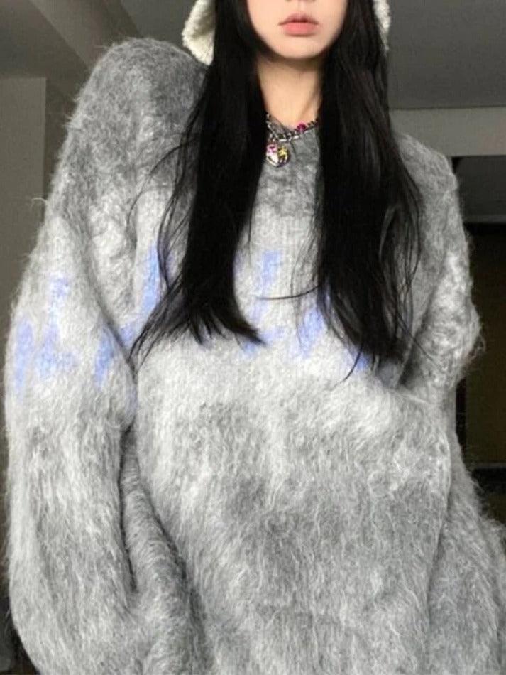 Fuzzy Contrast Color Print Oversized Sweater - AnotherChill
