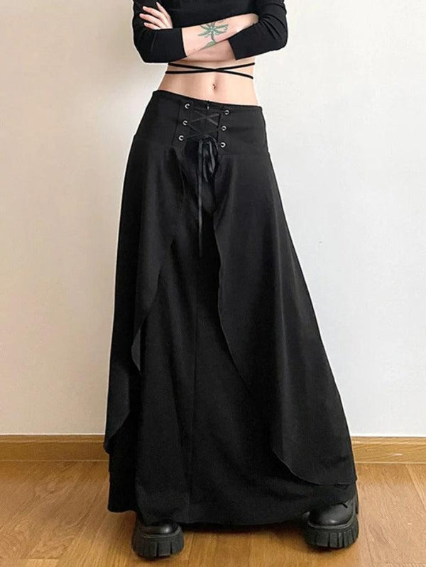 High Waist Cross Tie Up Irregular Hem Maxi Skirt - AnotherChill