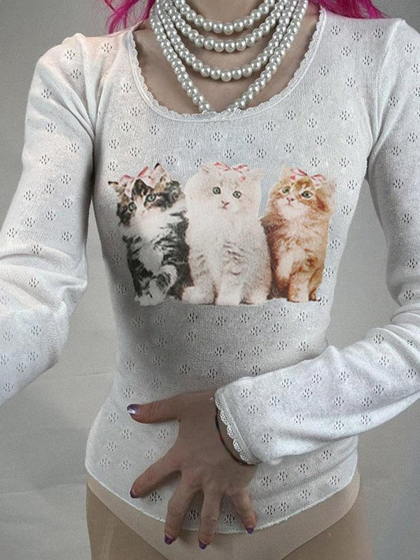 Kitten Print Lace Trim Cutout Long Sleeve Knit - AnotherChill