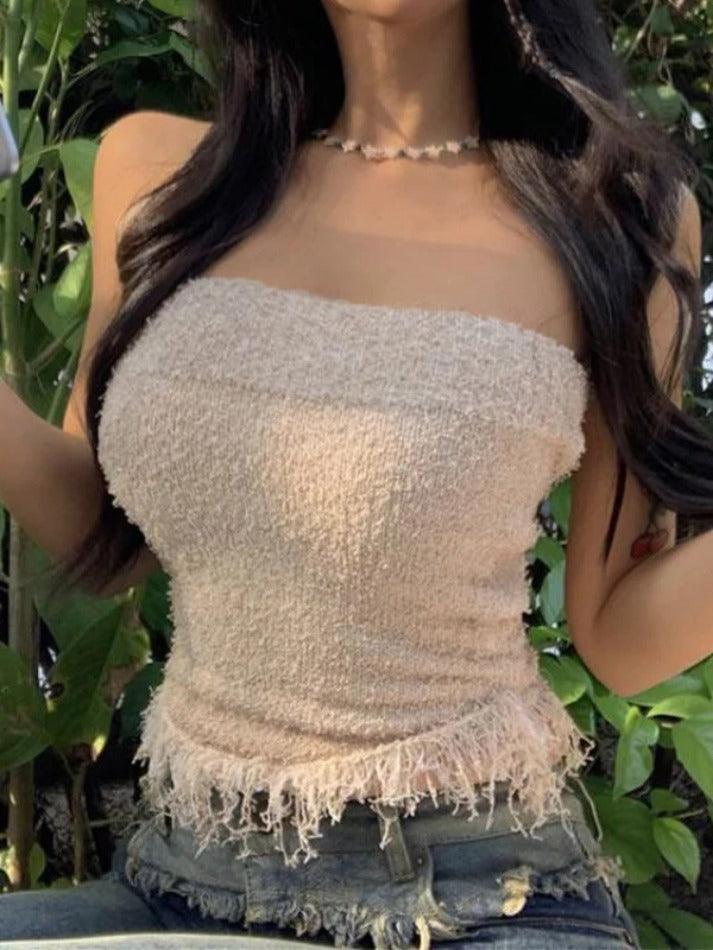 Knit Tassel Slim Short Bandeau Top - AnotherChill