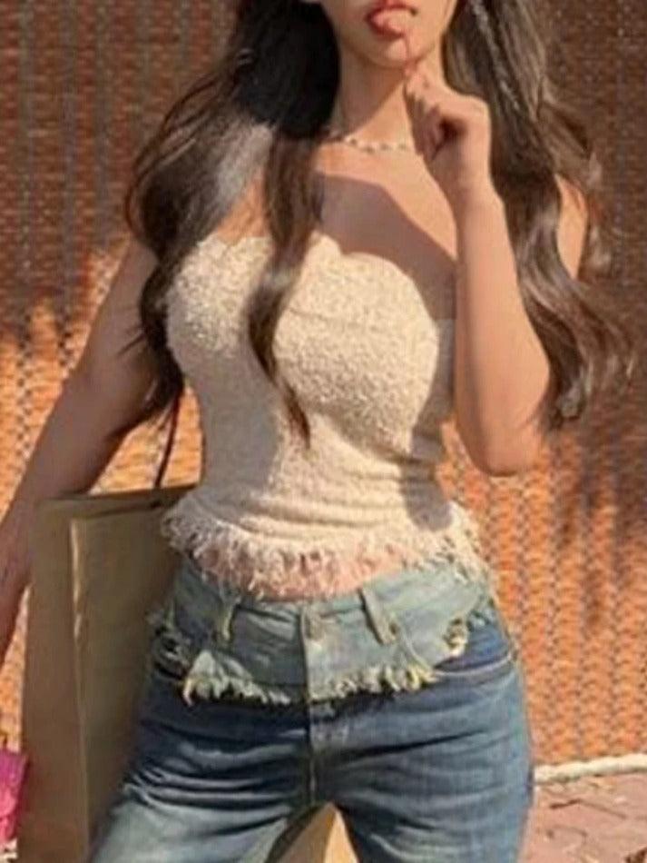 Knit Tassel Slim Short Bandeau Top - AnotherChill
