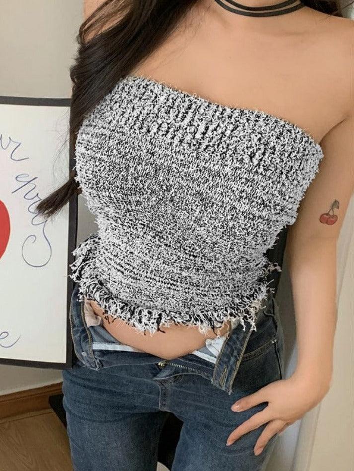 Knit Tassel Slim Short Bandeau Top - AnotherChill