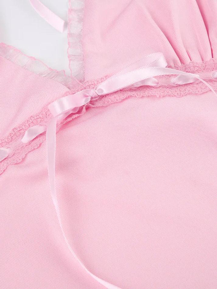 Lace Stitching Bow Pink Cami Top - AnotherChill