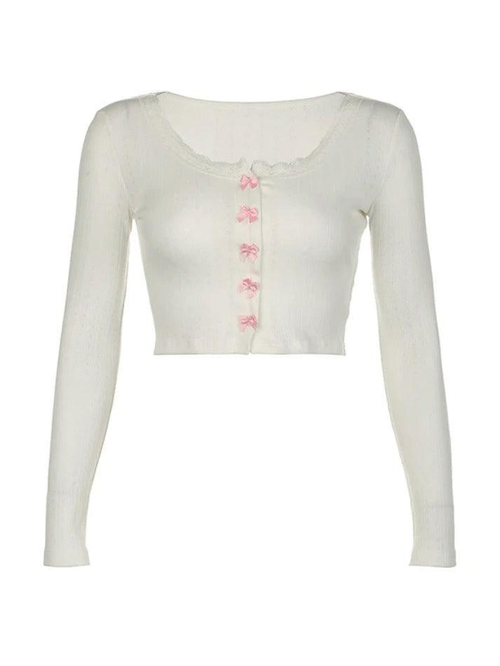 Lace Trim Bow Decor Crop Long Sleeve Knit - AnotherChill