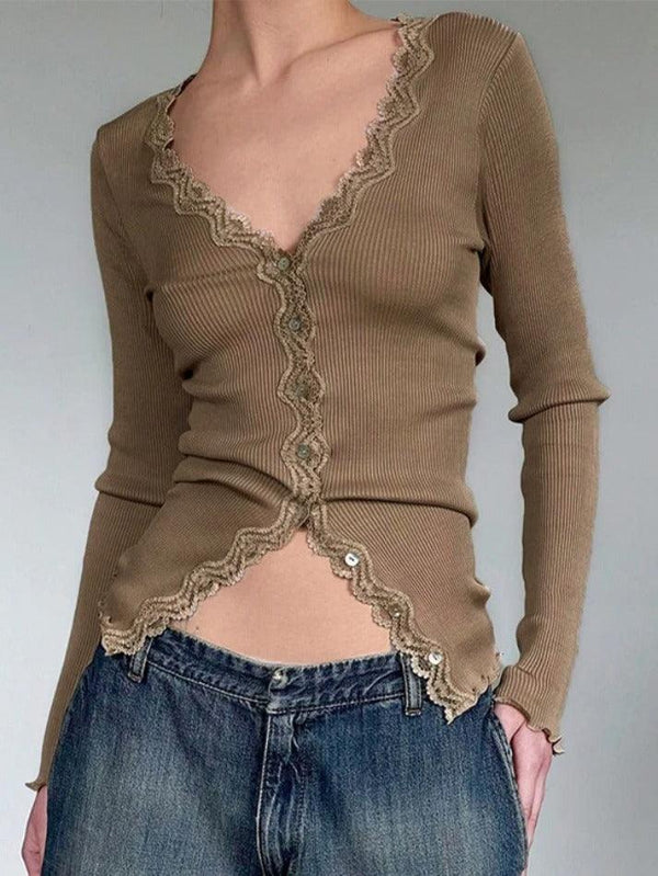 Lace Trim Splice V Neck Slim Long Sleeve Knit - AnotherChill