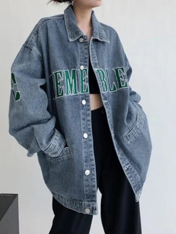 Letter Embroidery Oversized Denim Jacket - AnotherChill