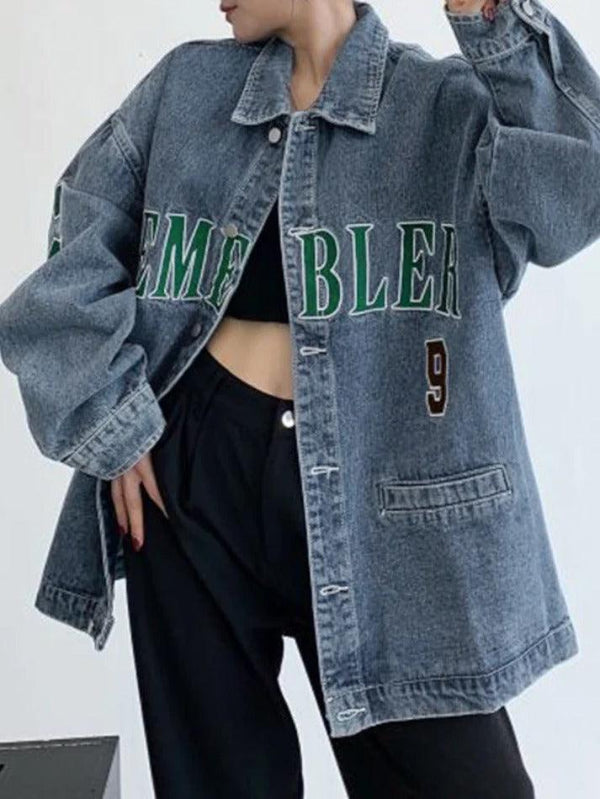 Letter Embroidery Oversized Denim Jacket - AnotherChill