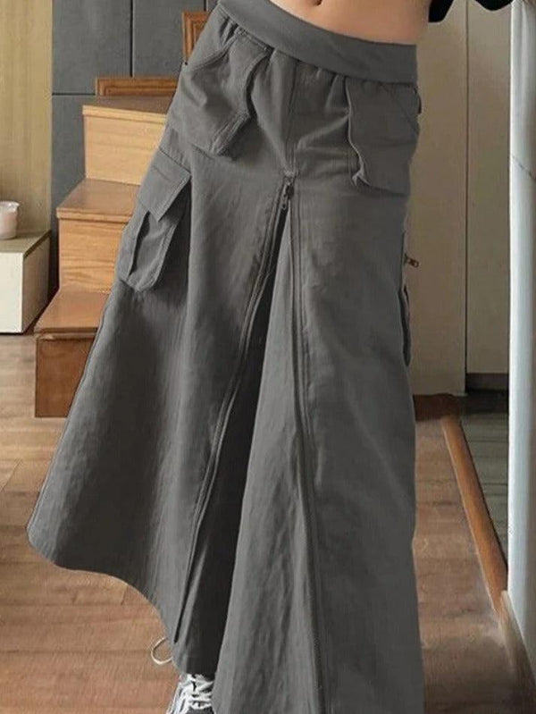 Multiple Pocket Zip Up Slit Cargo Midi Skirt - AnotherChill