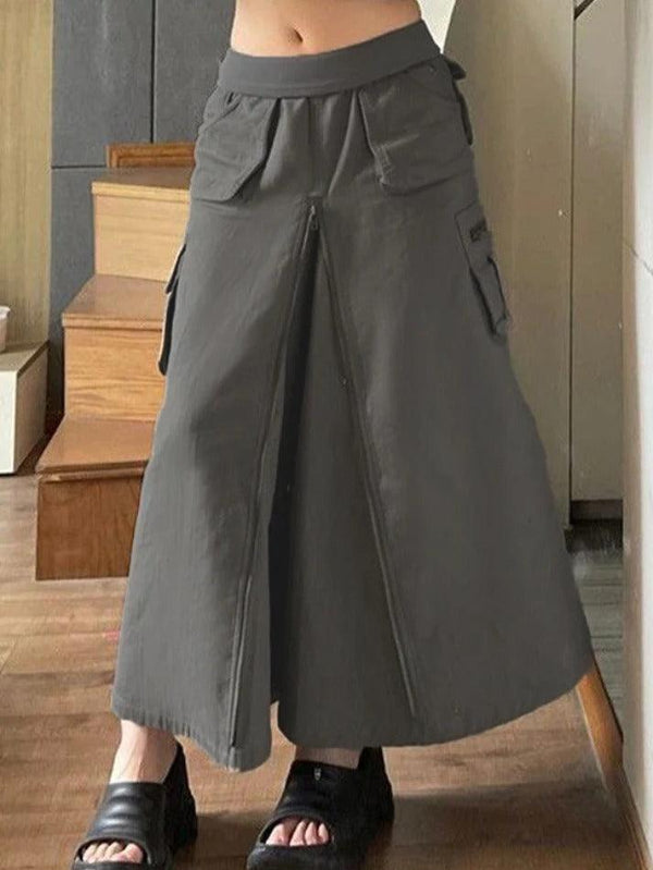 Multiple Pocket Zip Up Slit Cargo Midi Skirt - AnotherChill