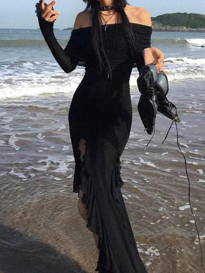 off the shoulder high slit maxi dress in black Off Shoulder Ruffle High Slit Maxi Dress AnotherChill