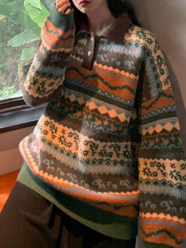 Oversized Vintage Jacquard Knit Sweater - AnotherChill