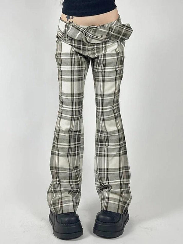 Plaid Belted Low Waist Flare Leg Pants - AnotherChill