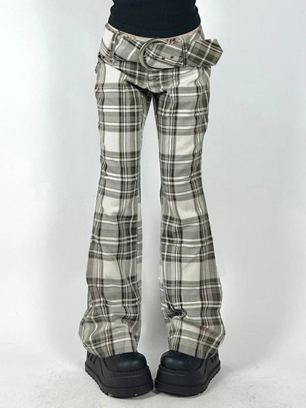 Plaid Belted Low Waist Flare Leg Pants - AnotherChill