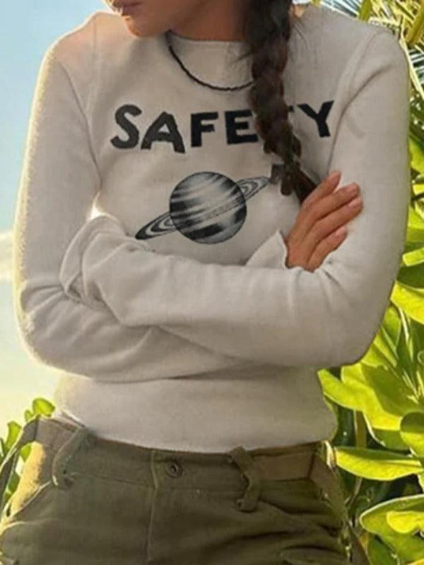 Planet Letter Print Slim Long Sleeve Knit - AnotherChill