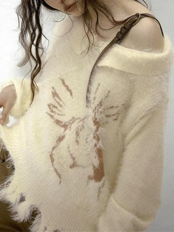 Plush Slanted Shoulder Belted Strap Tattered Hem Sweater - AnotherChill