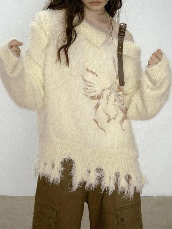 Plush Slanted Shoulder Belted Strap Tattered Hem Sweater - AnotherChill