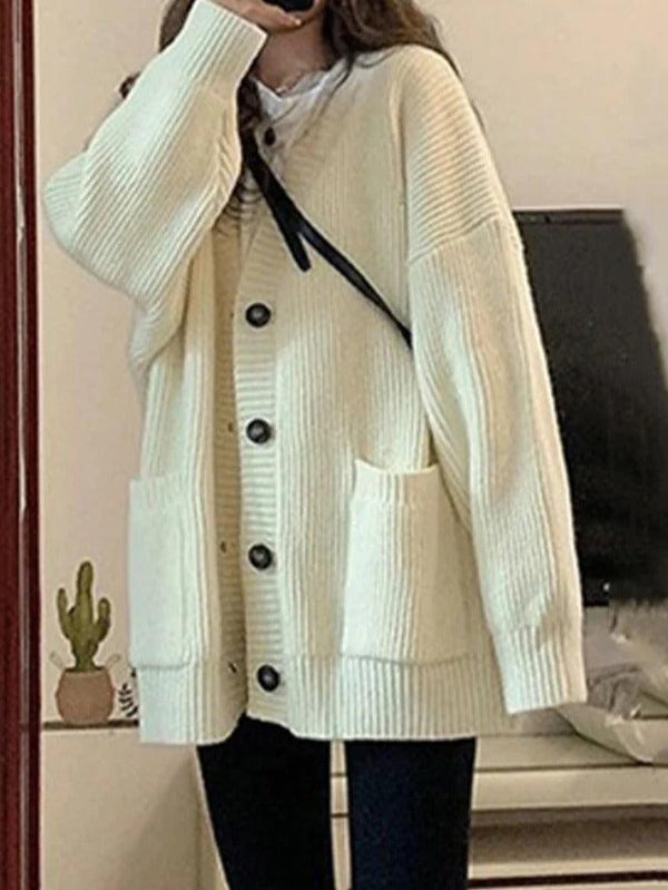 Preppy Solid Color V Neck Baggy Cardigan - AnotherChill