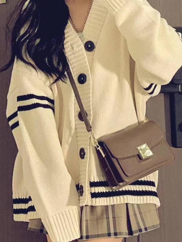 Preppy Stripe Splice V Neck Knit Cardigan - AnotherChill