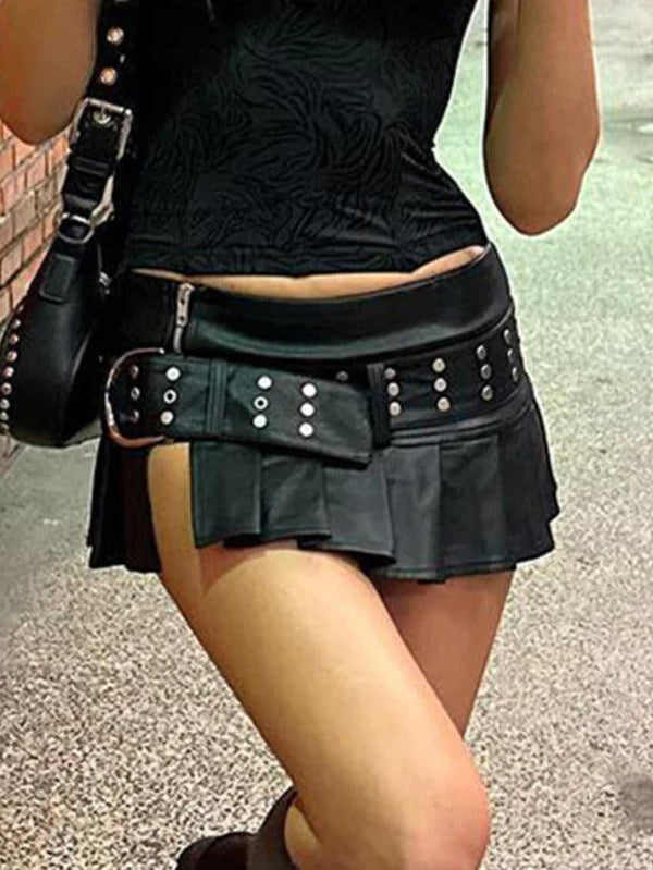 Punk Rivet Belted Pleated Slit Leather Mini Skirt - AnotherChill
