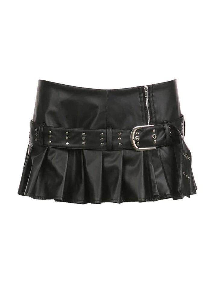 Punk Rivet Belted Pleated Slit Leather Mini Skirt - AnotherChill
