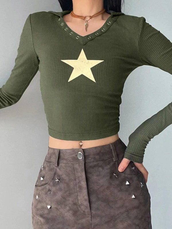 Punk Star Print Hooded Crop Long Sleeve Knit - AnotherChill